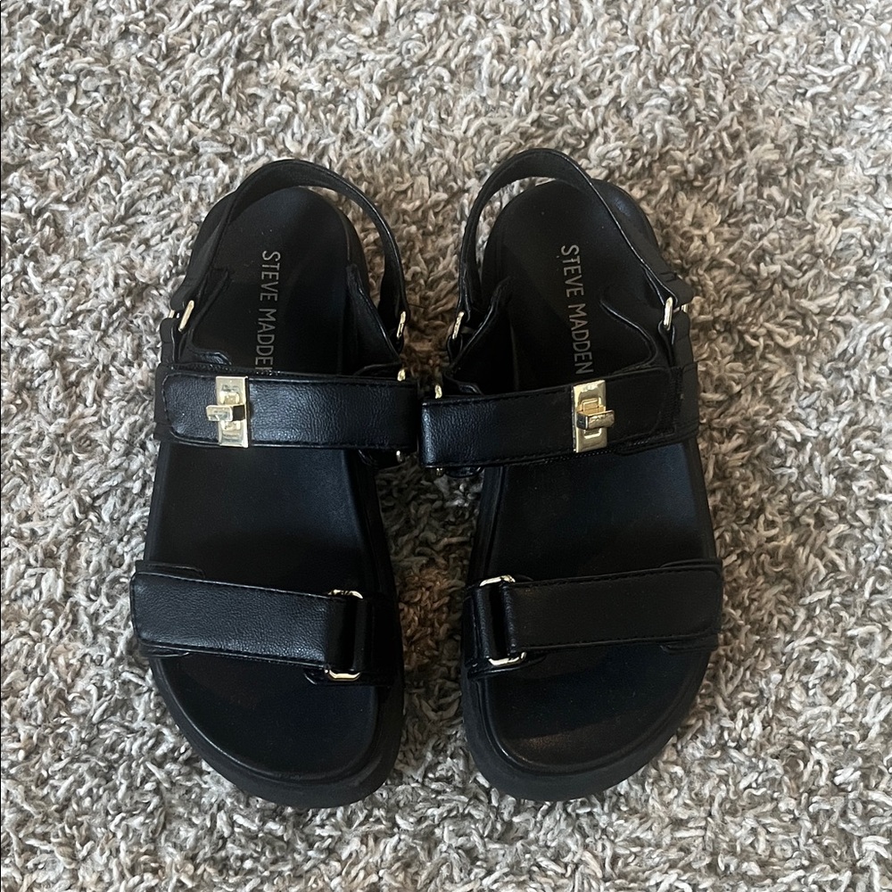 Steve Madden Kids Black Sandals with Gold Buckles